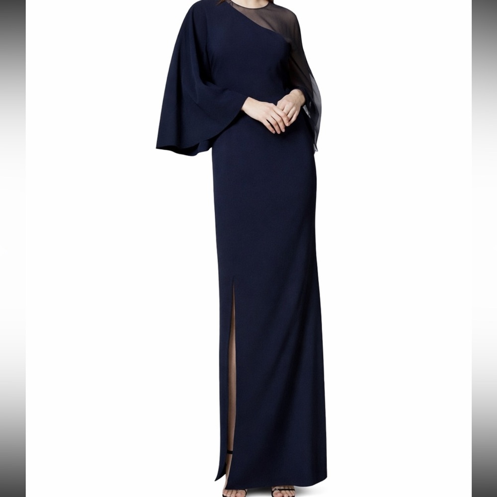 Sachin & Babi Pecora Midnight Navy Blue Illusion One Silk Sleeve Gown